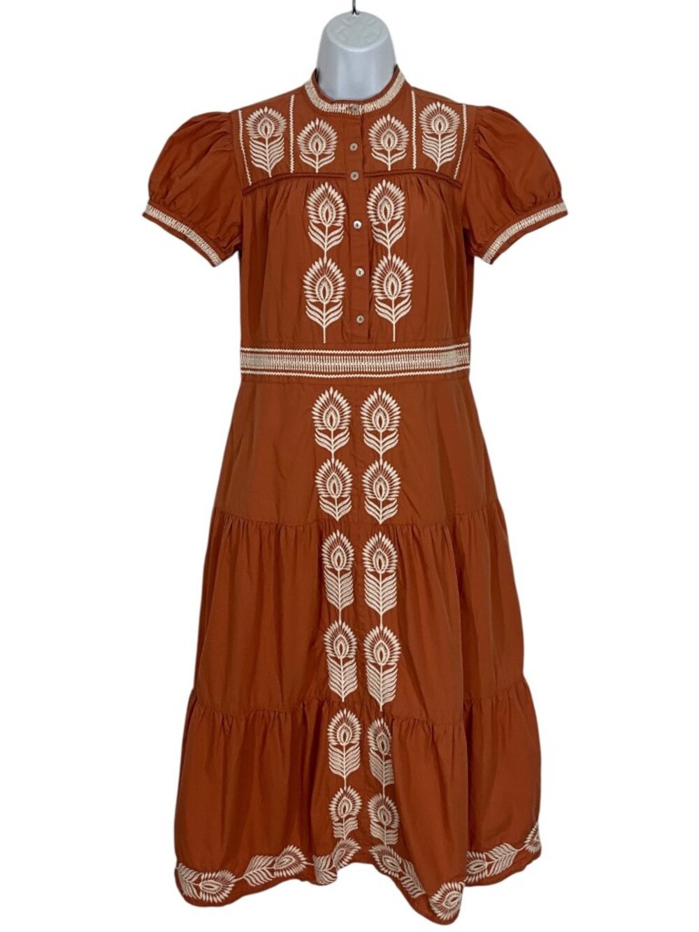 Bohme Siya Embroidered Dress S Orange Short Sleeve Midi Cottagecore - Picture 6 of 16